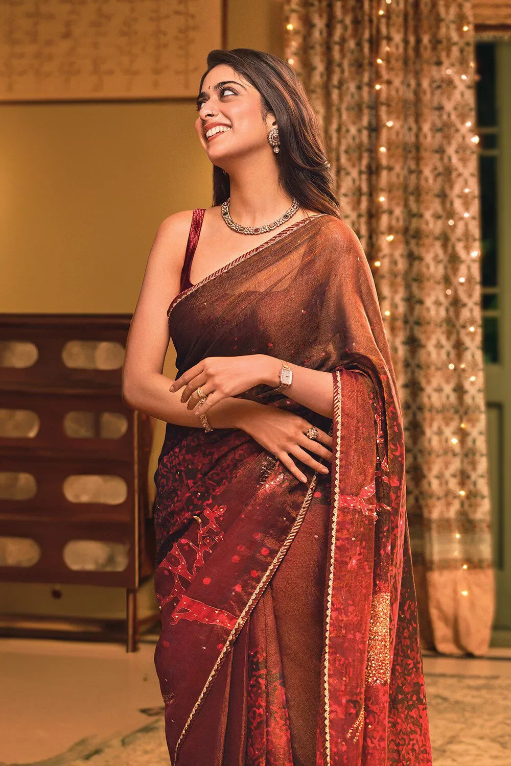 Brown Cotton Embroidered Saree with Unstitched Blouse Piece